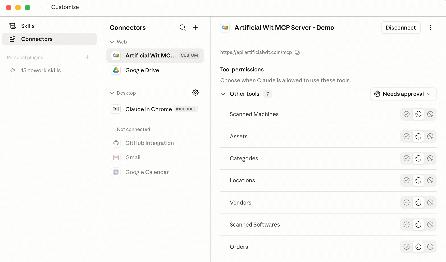 Artificial Wit MCP Server connected in Claude showing custom connector and tool permissions for Assets, Vendors, Locations, Orders