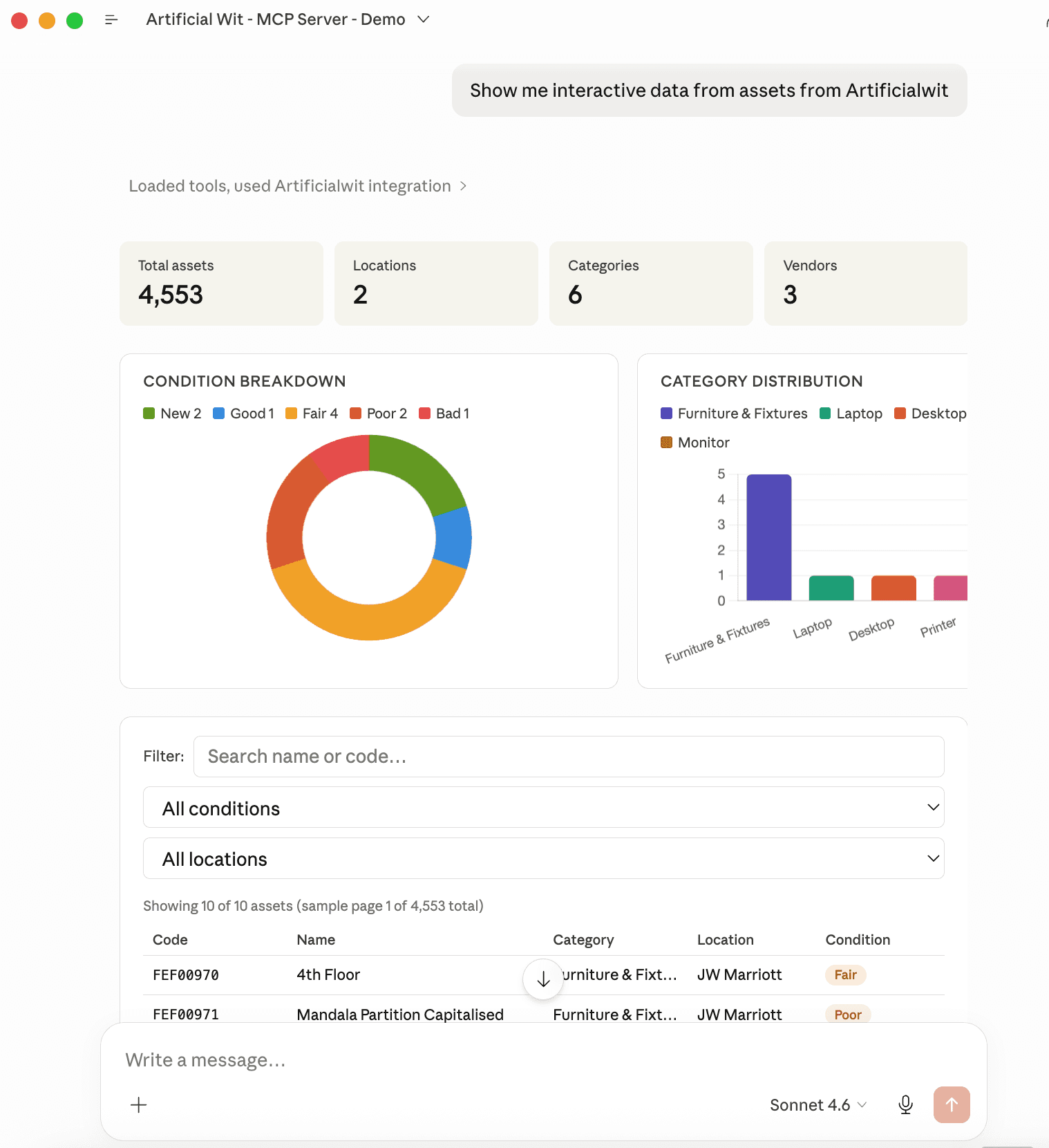 Artificial Wit MCP Server demo in Claude showing interactive asset data with charts and filters
